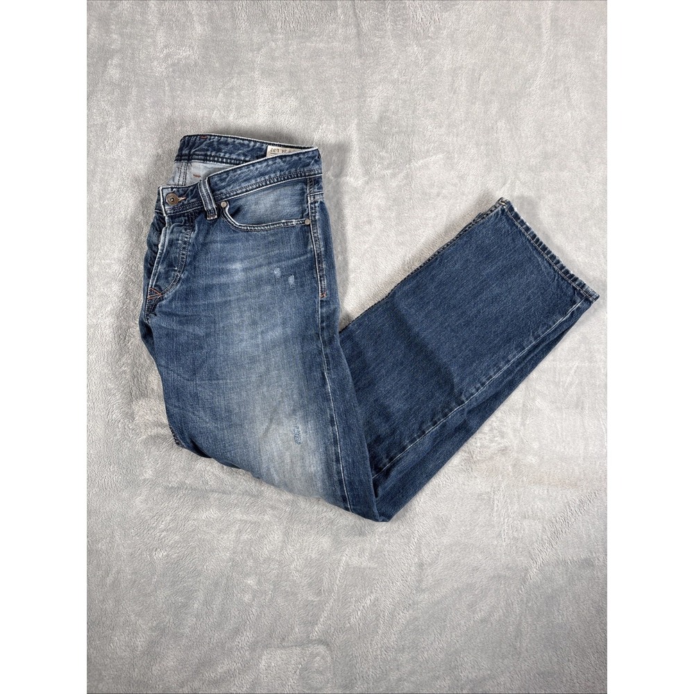 Diesel Viker Jeans Mens 34x32 Blue Straight Distressed Button Fly Wash 0806L